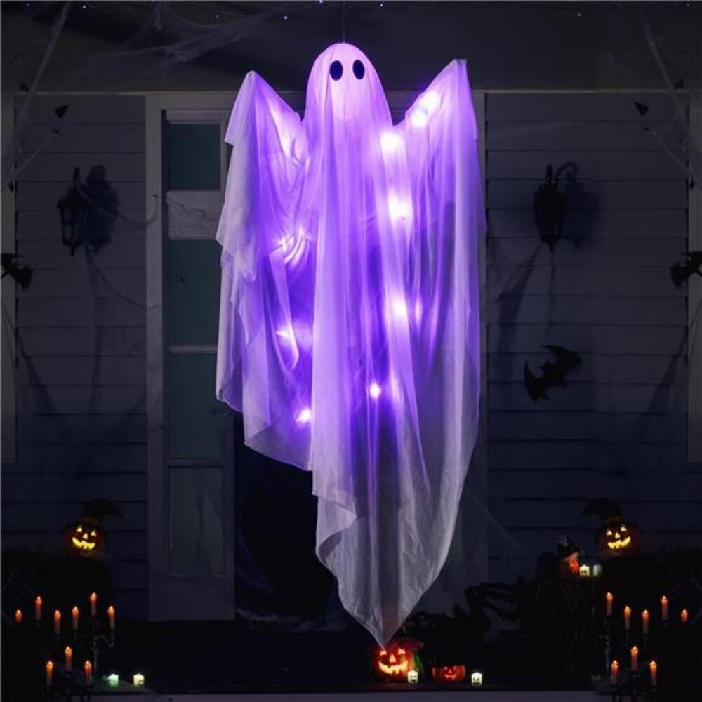 Halloween Hanging Light up Ghost with Spooky Purple LED Light, 47” White Ghost
